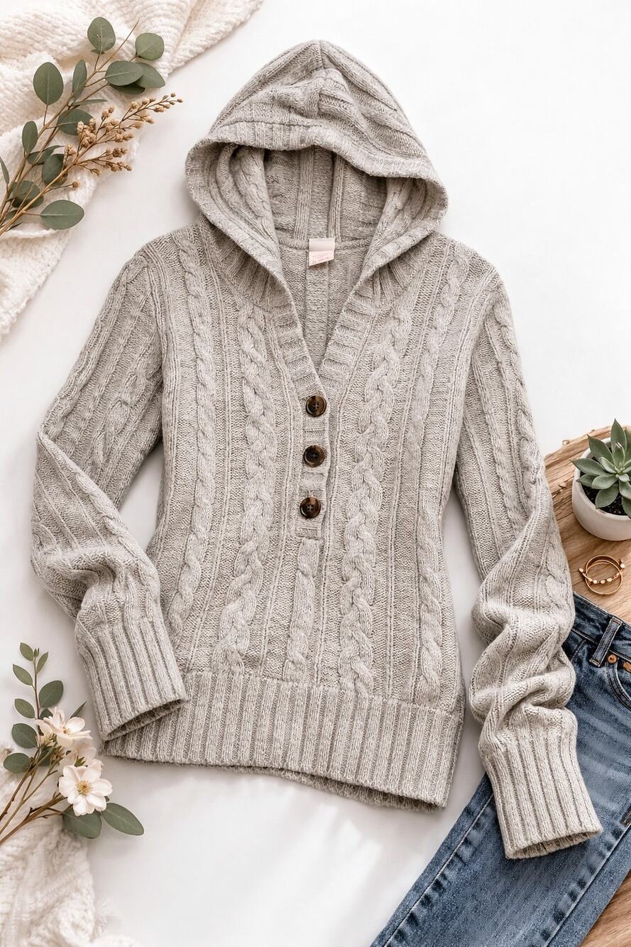 VNT Y2K Faded Glory womans XL Chunky Cable Knit Hooded Sweater GrandmaCore